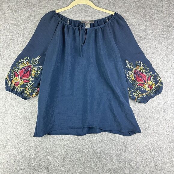 Olivia & Martin Woven Top Womens M Blue Embroidered Sleeves Boho Pullover Blouse - Picture 1 of 12